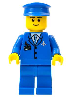 Lego, Minifigure, City, Town, Airport - Blue 3 Button Jacket and Tie, Blue Hat, Blue Legs, Black Eyebrows, AIR046a