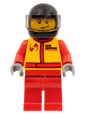 Lego, Minifigure, City, Town, Monster Truck Driver, Racing Suit with Airborne Spoilers Logo, Black Helmet with Trans-Brown Visor, Crooked Smile, CTY0385