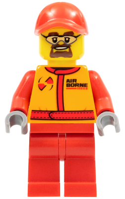 Lego, Minifigure, City, Town, Monster Truck Mechanic, Racing Suit with Airborne Spoilers Logo, Red Cap with Hole, Safety Goggles, CTY0387