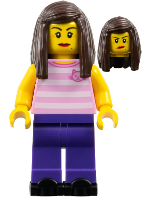 Lego, Minifigure, City, Rollerskater - Female, Bright Pink Striped Shirt with Cat Head, Dark Purple Legs, Dark Brown Long Hair, Red Lips, Black Skates, cty0719