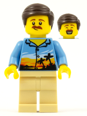Lego, Minifigure, City, Town, Hiker, Male Parent, Palm Tree Shirt, Moustache, Dark Brown Smooth Hair, cty0909