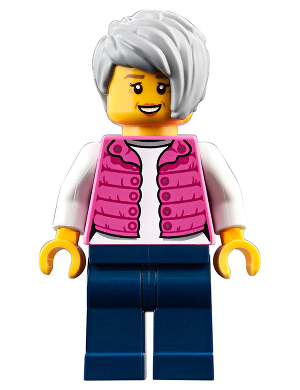 Lego, Minifigure, City, Town, Camper, Female, Dark Pink Jacket, Dark Blue Legs, Light Bluish Gray Female Hair Short Tousled, CTY0912
