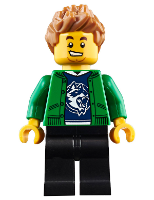 Lego, Minifigure, City, Town, Hiker, Male, Green Jacket over Raccoon Shirt, Black Legs, Medium Nougat Spiked Hair, cty0920