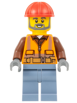 Lego, Minifigure, City, Airport Worker - Male, Orange Safety Vest, Reflective Stripes, Reddish Brown Shirt, Sand Blue Legs, Red Construction Helmet, Dark Bluish Gray Beard, CTY1602