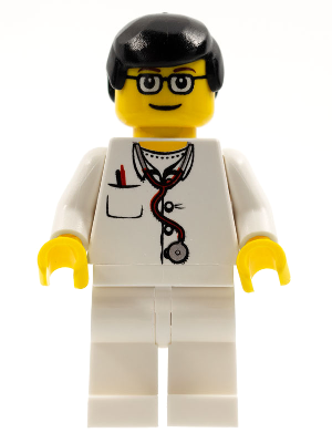 Lego, Minifigure, Town, Doctor - Lab Coat, Stethoscope and Thermometer, White Legs, Black Male Hair, Glasses, DIV024