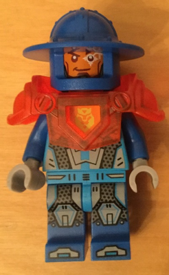 Lego, Minifigure, NEXO KNIGHTS, Royal Soldier / King's Guard - Blue Helmet with Broad Brim, Trans-Neon Orange Armor, Round Tile with Stud on Back, NEX109
