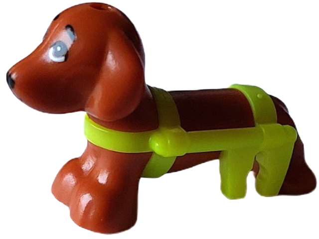 Lego, Minifigure, Dog, Friends Style, Dachshund with Molded Neon Yellow Wheelchair Harness and Printed Eyes and Black Nose Pattern (Pickle), 100559pb01