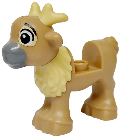 Lego, Minifigure, Animal, Reindeer, Fawn with Molded Short Tan Antlers and Fur and Printed Black Eyes and Eyebrows, Tan Patches and Dark Bluish Gray Muzzle Pattern (Sven Young), 103493pb01