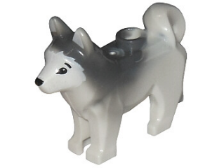 Lego, Minifigure, Animal, Dog, Husky with Marbled Dark Bluish Gray Ears and Back and Printed Black Eyes and Nose, White Face and Ears Pattern, ANIMALHUSKY01