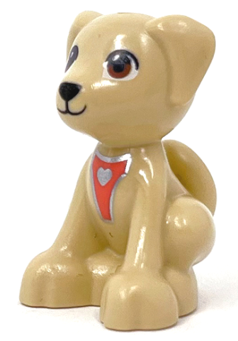 lego, Minifigure, Animal, Dog, Mini Doll Style, Labrador / Labradoodle, Sitting with Black Nose and Mouth, Reddish Brown Eyes and Silver Heart Pattern (Friends Guide Dog), 27986pb03