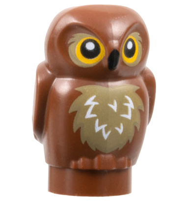 Lego, Minifigure, Owl, Small with Bright Light Orange Eyes, Dark Tan Chest Feathers with White Highlights, Black Beak Pattern, 3753pb01