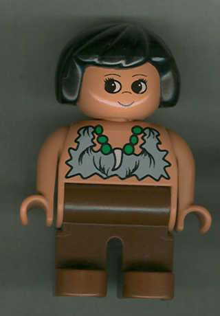 Lego, Duplo, Minifigure, Dino, Female, Brown Legs, Tooth Necklace Pattern, Black Hair, Cavewoman, 4555pb145