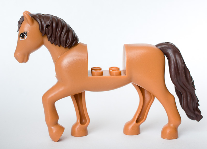 Lego, Minifigure, Land, Animal, Horse, Mini Doll Style with 2 x 2 Cutout and Movable Neck with Fixed Flexible Rubber Dark Brown Tail and Mane with Medium Nougat Eyes, Dark Brown Eyelashes Pattern, 69820c01pb02