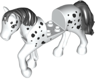 Lego, Minifigure, Land, Animal, Horse, Friends Style with 2 x 2 Cutout and Movable Neck with Fixed Flexible Rubber Black Tail and Mane with Light Bluish Gray Eyes, Black Spots Pattern, 69820c01pb03