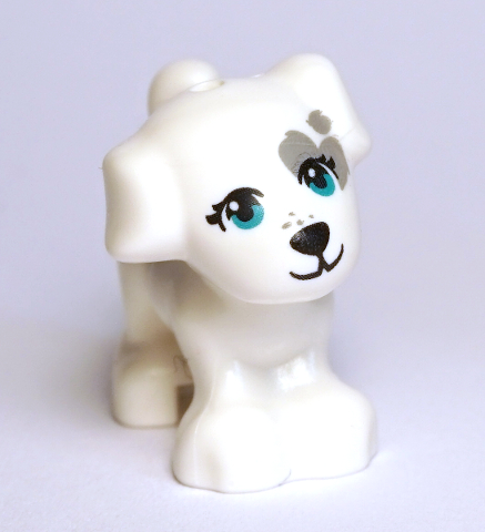 Lego, Minifigure, Animal, Dog, Friends Style, Puppy, Standing with Dark Turquoise Eyes, Black Nose and Mouth, Dark Bluish Gray Patch Pattern (Cookie), 93088pb10