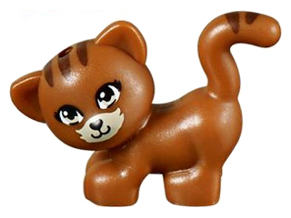 Lego, Minifigure, Animal, Cat, Mini Doll Style, Standing and Looking Left with Tan Eyes and Muzzle, Black Nose and Mouth, and Reddish Brown Stripes Pattern, 93089PB03