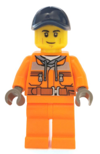 Lego, Minifigure, City, Town, Street Sweeper Operator - Male, Orange Safety Jacket, Reflective Stripe, Sand Blue Hoodie, Orange Legs, Dark Blue Cap with Hole, Smirk, cty1140