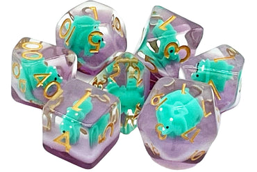Old School 7 Piece DnD RPG Dice Set: Animal Kingdom - Baby Triceratops - Green