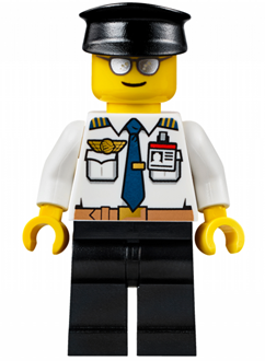 Lego, Minifigure, City, Airport - Pilot, White Shirt with Dark Blue Tie, Belt and ID Badge, Black Legs, Black Hat, AIR049