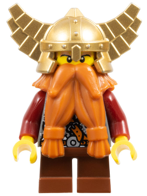 Lego, Minifigure, Castle, Fantasy Era, Fantasy Era - Dwarf, Dark Orange Beard, Metallic Gold Helmet with Wings, Dark Red Arms, CAS395