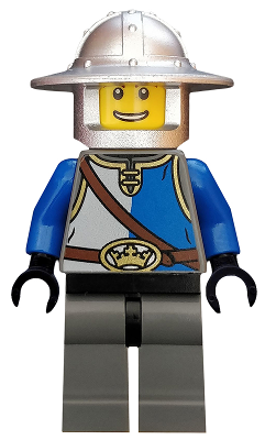 Lego Minifigure, Castle, Kingdoms, Castle - King's Knight Blue and White with Chest Strap and Crown Belt, Helmet with Broad Brim, Open Grin, CAS526