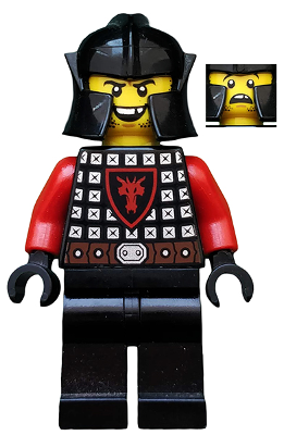 Lego Minifigure, Castle, Kingdoms, Castle - Dragon Knight Scale Mail with Dragon Shield, Cheek Protection Helmet, Missing Tooth Open Grin, CAS528