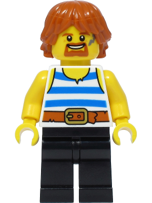 Lego Minifigure, Castle, Blacksmith, White Tank Top with Blue Stripes, Black Legs, Dark Orange Hair, CAS556