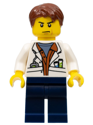 Lego, Minifigure, Toys 'r' US, City Jungle Scientist - White Lab Coat with Test Tubes, Dark Blue Legs, Reddish Brown Parted Hair, Scowl, COL309