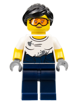 Lego, Minifigure, Toys 'r' US, City Jungle Mechanic Female - Black Ponytail, Orange Goggles, White T-Shirt with Oil Stains, Dark Blue Legs, COL310