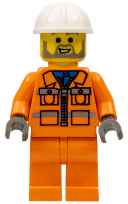 Lego, Minifigure, Town, Construction, Construction Worker - Orange Zipper Jacket, Safety Stripes, Orange Legs, White Construction Helmet, CON001