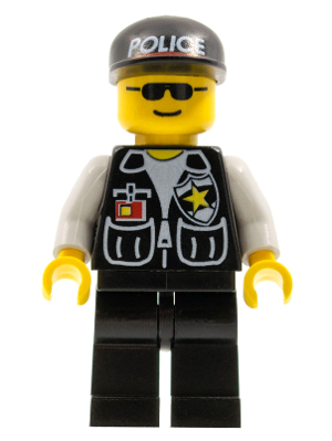 Lego, Minifigure, Town, Town Jr., Police - Sheriff Star and 2 Pockets, Black Legs, White Arms, Black Cap with Police Pattern, Black Sunglasses, cop044