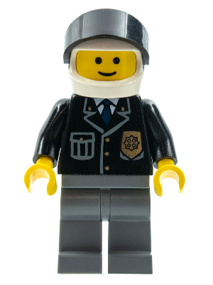 Lego, Minifigure, Town, Police - City Suit with Blue Tie and Badge, Dark Bluish Gray Legs, White Helmet, Black Visor, cop049