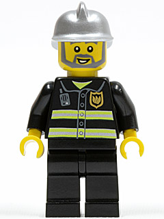 Lego, Minifigure, City, Town, Fire - Reflective Stripes, Black Legs, Silver Fire Helmet, Gray Beard, CTY0004