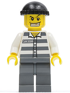 Lego, Minifigure, City, Town, Police, Jail Prisoner, 50380, Prison Stripes, Dark Bluish Gray Legs, Black Knit Cap, Gold Tooth, CTY0007