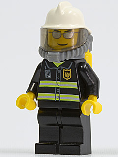 Lego, Minifigure, Town, City, Fire - Reflective Stripes, Black Legs, White Fire Helmet, Silver Sunglasses, Breathing Neck Gear with Air Tanks, cty0018