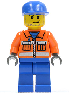 Lego, Minifigure, City, Town, Airport, Ground Crew, Orange Zipper, Safety Stripes, Orange Arms, Blue Legs, Blue Cap, Smirk and Stubble Beard, CTY0054