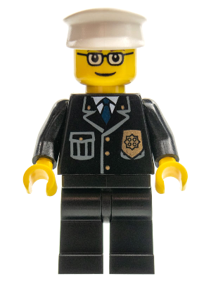 Lego, Minifigure, City, Town, Police, City Suit with Blue Tie and Badge, Black Legs, Glasses, White Hat, CTY0091