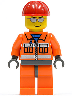 Lego, Minifigure, City, Construction Worker - Orange Zipper, Safety Stripes, Orange Arms, Orange Legs, Dark Bluish Gray Hips, Red Construction Helmet, Silver Sunglasses, CTY0125