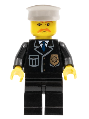 Lego, Minifigure, City, Police - City Suit with Blue Tie and Badge, Black Legs, Brown Moustache, White Hat, CTY0128