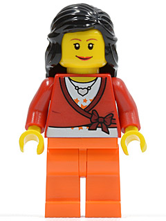 Lego, Minifigure, City, Sweater Cropped with Bow, Heart Necklace, Orange Legs, Black Female Hair Mid-Length, CTY0149