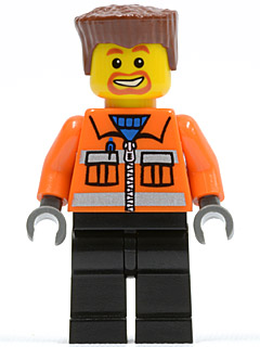 Lego, Minifigure, City, Construction Worker - Orange Zipper, Safety Stripes, Orange Arms, Black Legs, Reddish Brown Flat Top Hair, Beard Around Mouth, CTY0154