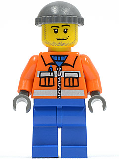 Lego, Minifigure, City, Construction Worker - Orange Zipper, Safety Stripes, Orange Arms, Blue Legs, Dark Bluish Gray Knit Cap, CTY0168