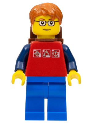 Lego, Minifigure, City, Town, Red Shirt with 3 Silver Logos, Dark Blue Arms, Blue Legs, Dark Orange Short Tousled Hair, Brown Eyebrows, Backpack, CTY0180