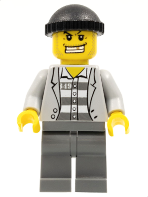 Lego, Minifigure, City, Police, Jail Prisoner Jacket over Prison Stripes, Dark Bluish Gray Legs, Black Knit Cap, Gold Tooth, CTY0206