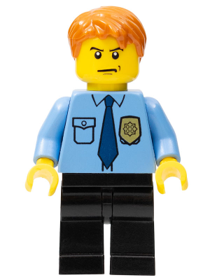 Lego, Minifigure, City, Town, Police - City Shirt with Dark Blue Tie and Gold Badge, Black Legs, Dark Orange Short Tousled Hair, CTY0212