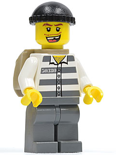 Lego, Minifigure, City, Town, Police, Jail Prisoner, 50380, Prison Stripes, Dark Bluish Gray Legs, Black Knit Cap, Missing Tooth, Backpack, CTY0217