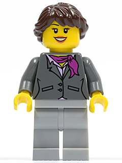 Lego, Minifigure, City, Town, Police, Dark Bluish Gray Jacket with Magenta Scarf, Light Bluish Gray Legs, Dark Brown Hair Ponytail Long French Braided, Black Eyebrows, Cty0220a