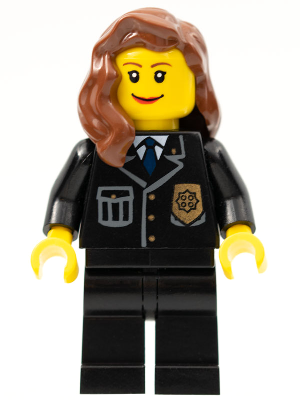 Lego, Minifigure, City, Town, Police - City Suit with Blue Tie and Badge, Black Legs, Reddish Brown Female Hair over Shoulder, CTY0241