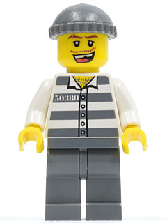 Lego, Minifigure, City, Town, Police - Jail Prisoner 50380 Prison Stripes, Dark Bluish Gray Legs, Dark Bluish Gray Knit Cap, Missing Tooth, CTY0253