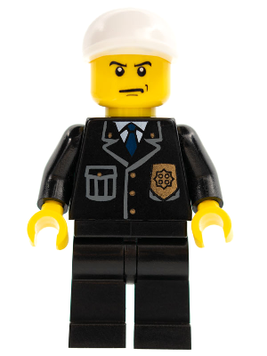 Lego, Minifigure, City, Town, Police - City Suit with Blue Tie and Badge, Black Legs, White Short Bill Cap, Scowl, CTY0255